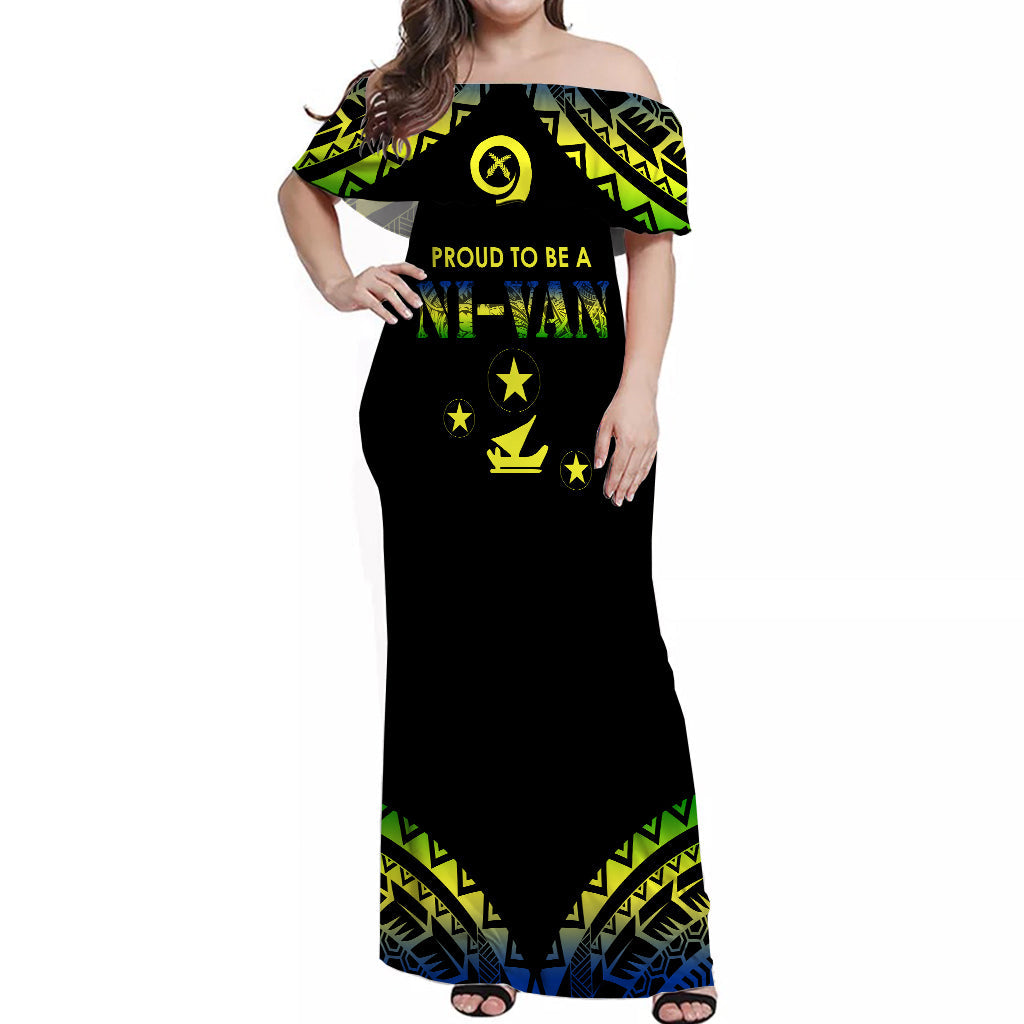 Vanuatu Proud To Be A Ni-Van - Polynesian Pattern Off Shoulder Long Dress - Malampa Province LT7 Women Black - Polynesian Pride