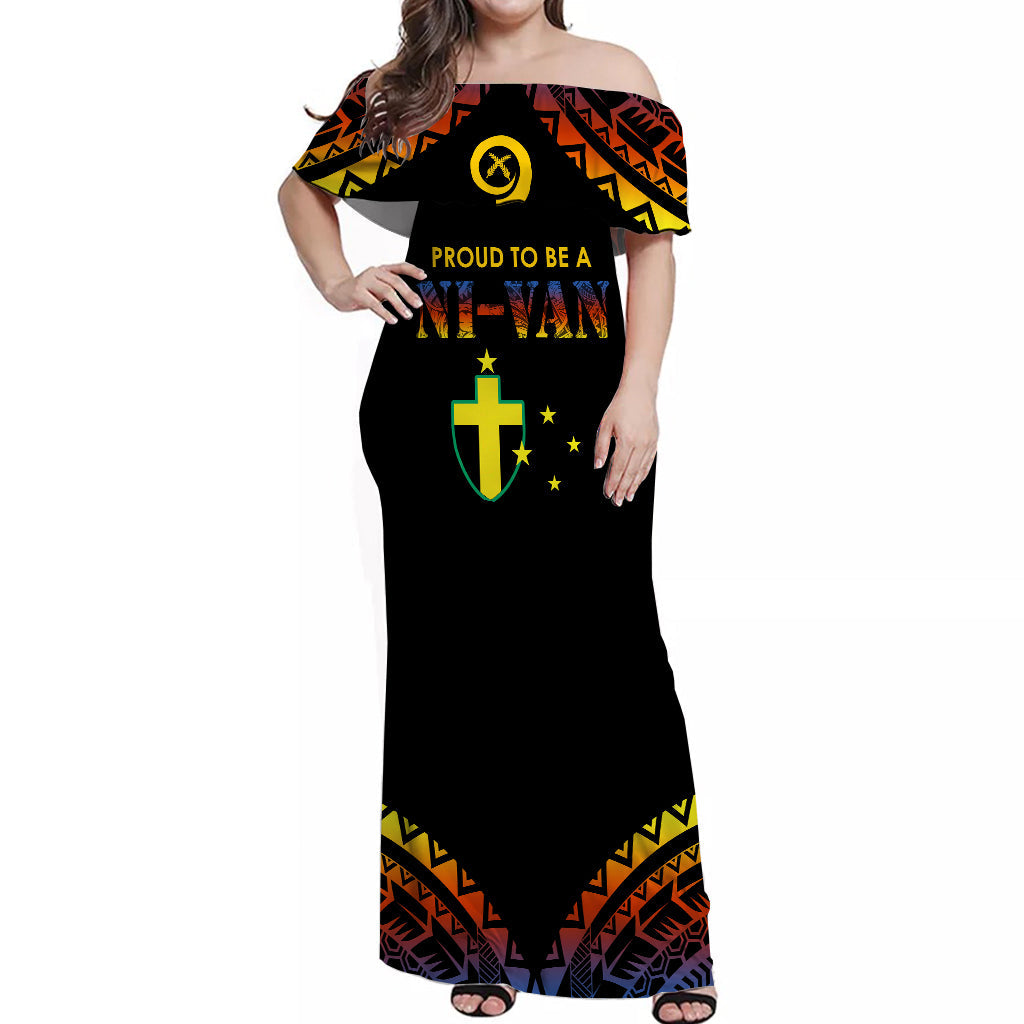 Vanuatu Proud To Be A Ni-Van - Polynesian Pattern Off Shoulder Long Dress - Tafea Province LT7 Women Black - Polynesian Pride