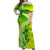 Maori Off Shoulder Long Dress Hammerhead Shark with Hibiscus - Green Ombre LT7 Women Green - Polynesian Pride