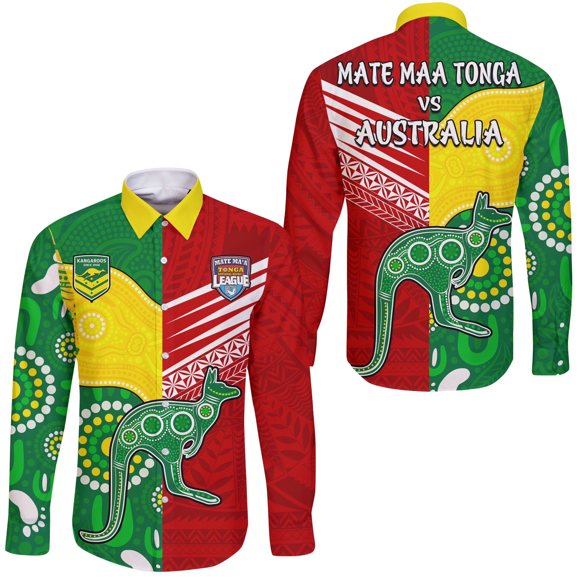 Australia Kangaroos and Mate Maa Tonga Hawaii Long Sleeve Button Shirt No2 LT9 Unisex Red - Polynesian Pride