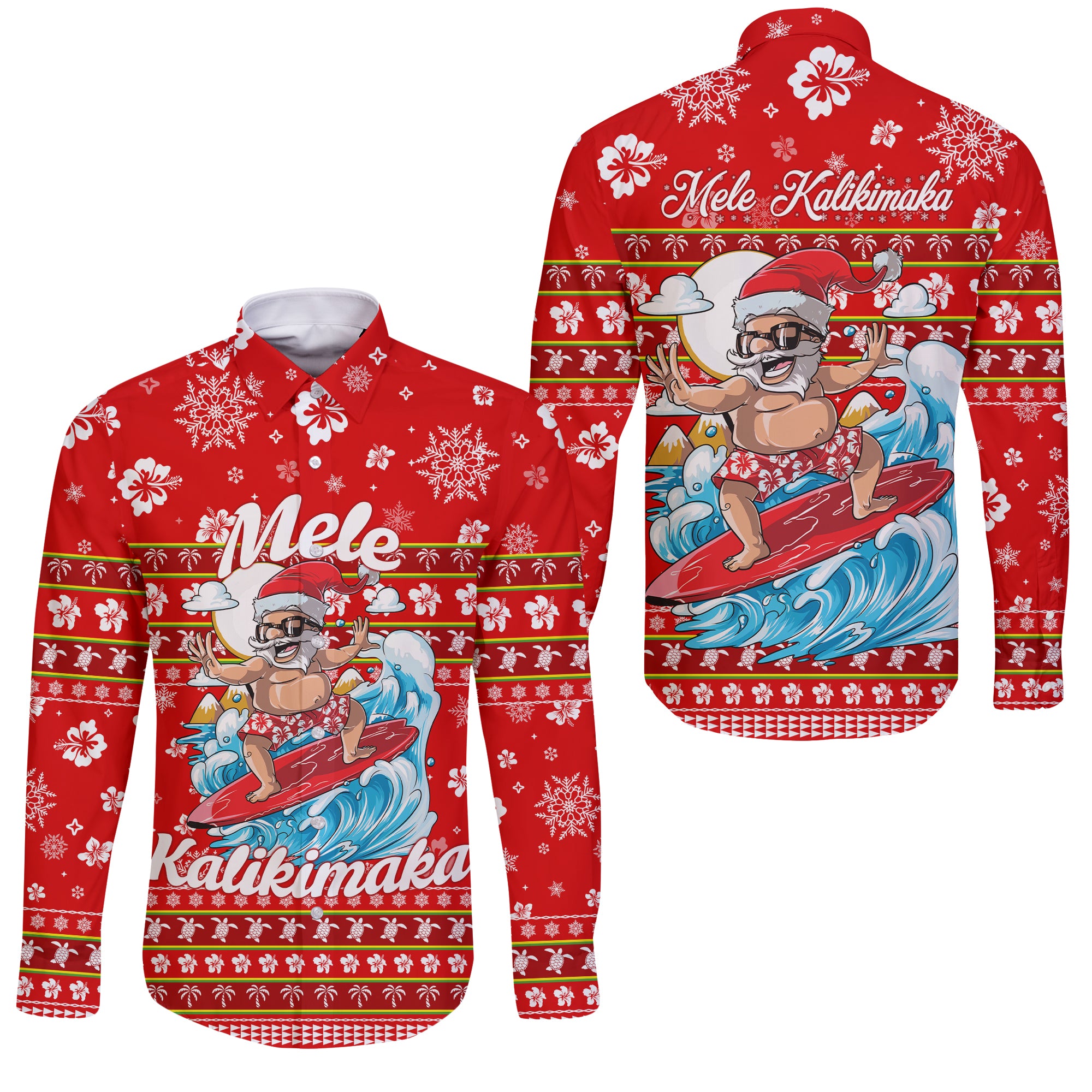 Hawaii Christmas Santas Surf Mele Kalikimaka Sleeve Button Shirt - LT2 Unisex RED - Polynesian Pride