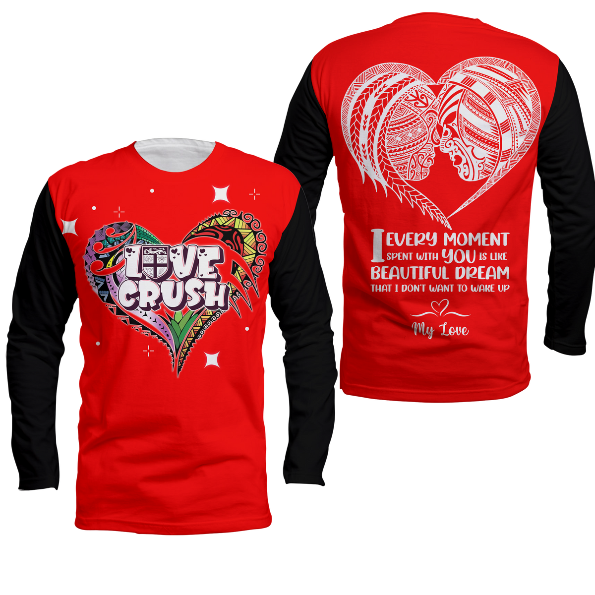 Fiji Valentine Couple Heart Long Sleeve Shirt - LT2 Unisex RED - Polynesian Pride