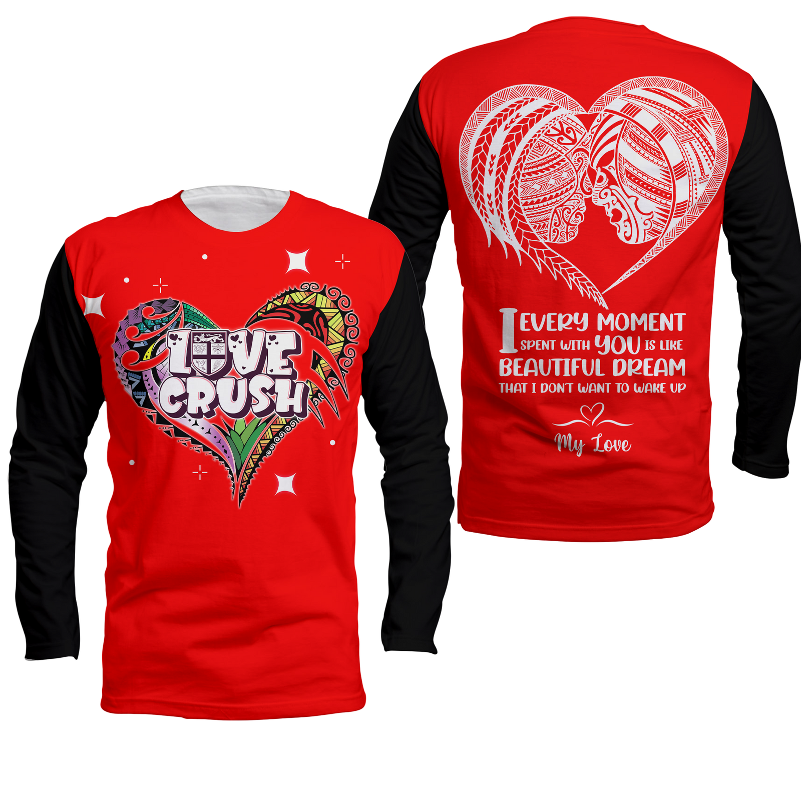 Fiji Valentine Couple Heart Long Sleeve Shirt - LT2 Unisex RED - Polynesian Pride