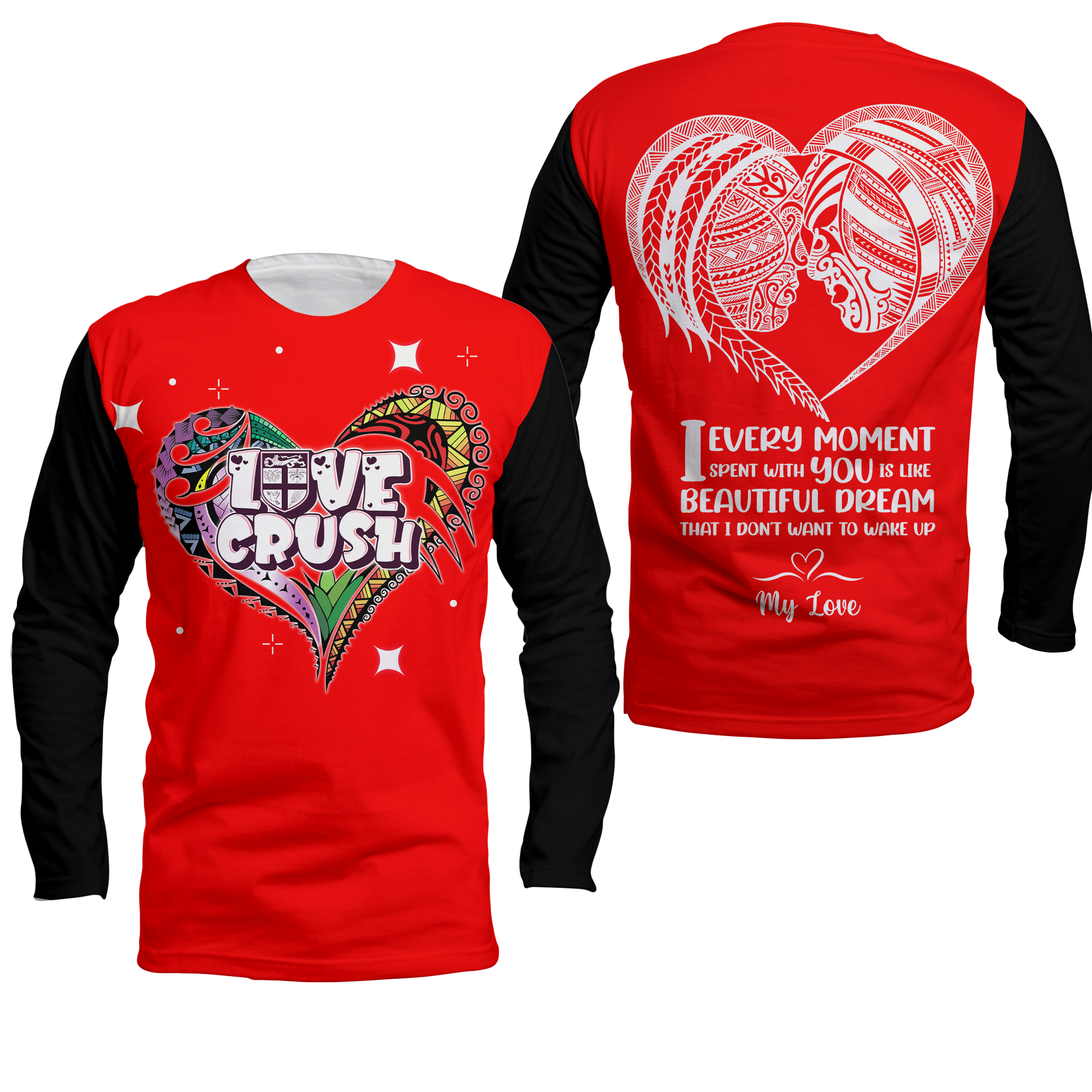 Fiji Valentine Couple Heart Long Sleeve Shirt - LT2 Unisex RED - Polynesian Pride