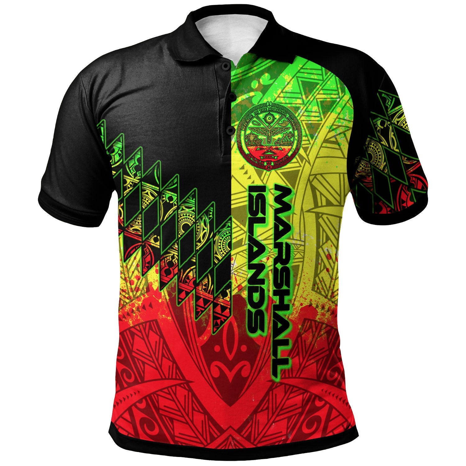 Marshall Islands Polo Shirt Reggage Color Symmetry Style Unisex Black - Polynesian Pride