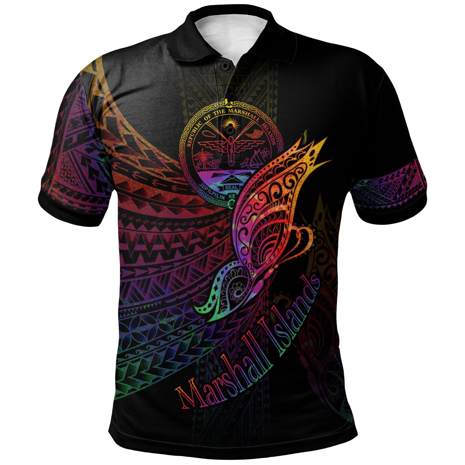 Marshall Islands Polo Shirt Butterfly Polynesian Style Unisex Black - Polynesian Pride