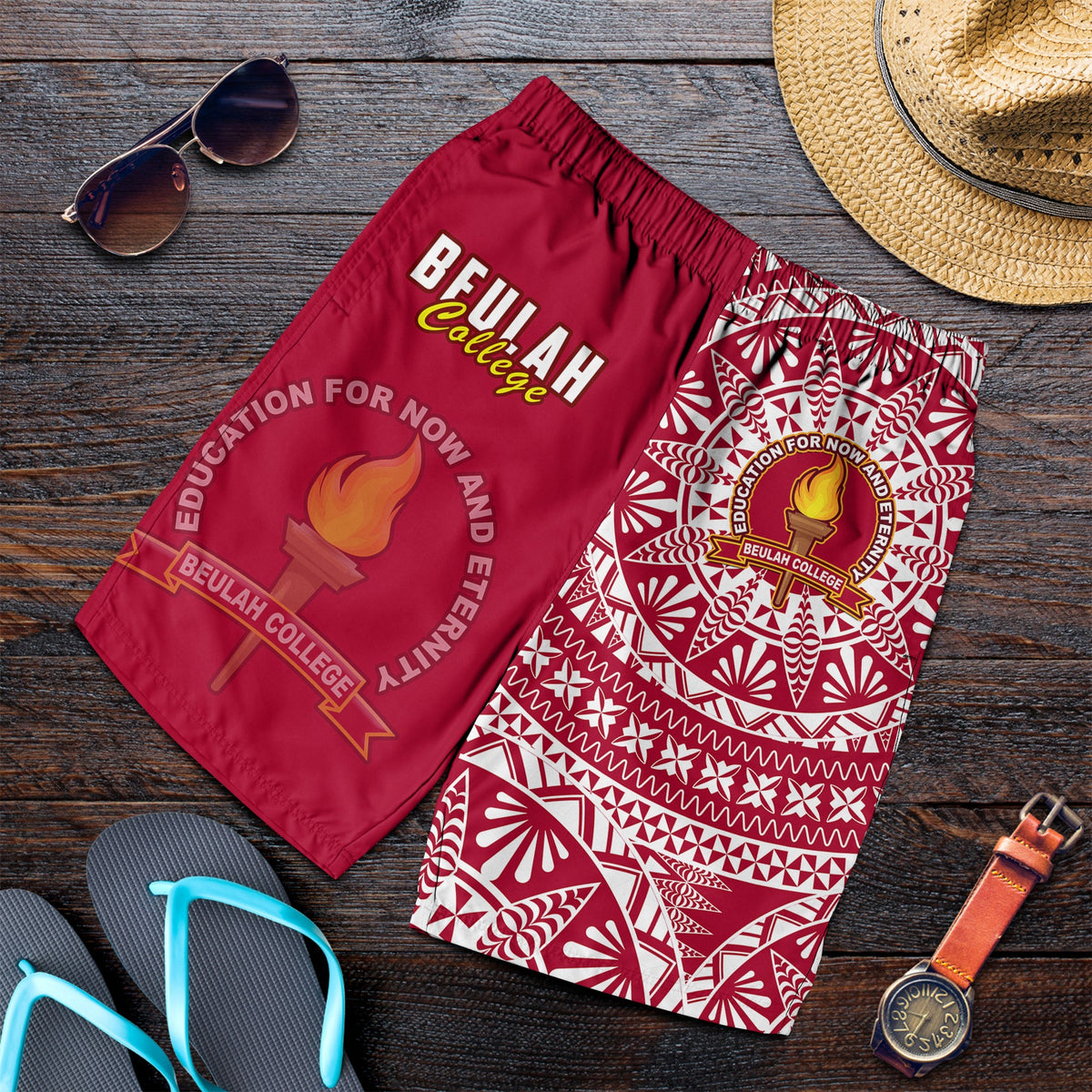 Beulah Tonga College Men Shorts Tongan Ngatu Pattern LT14 Maroon - Polynesian Pride