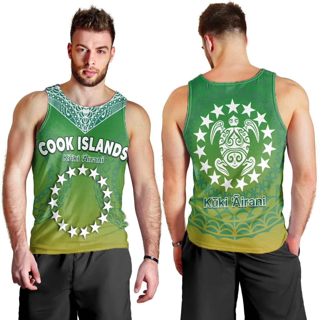 Cook Islands Men Tank Top Circle Pattern Mix Sea Turtle Green Version LT14 - Polynesian Pride