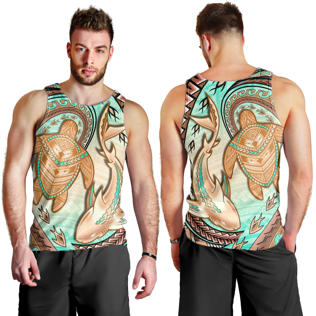Hawaii Men Tank Top Polynesian Shark And Sea Turtle Dreamy Turquoise Artsy LT14 Turquoise - Polynesian Pride