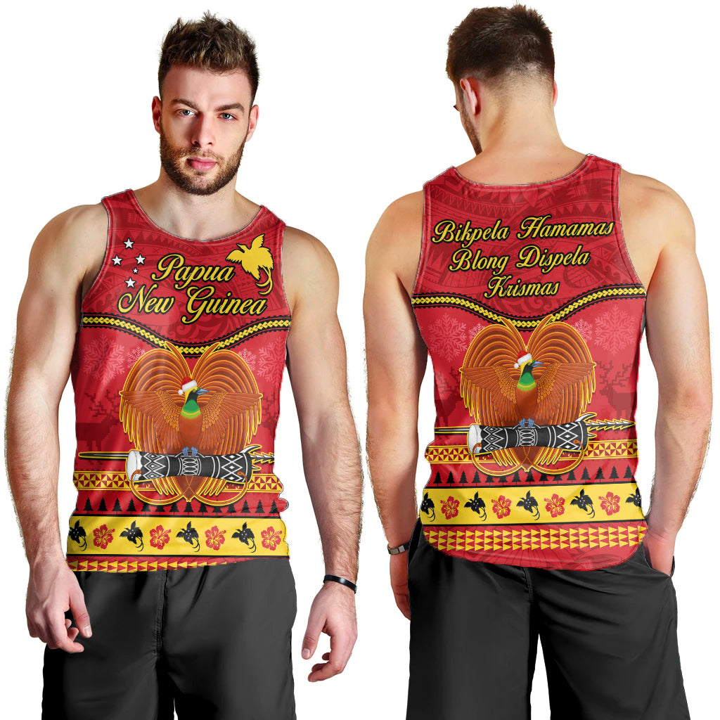 Papua New Guinea Christmas Men Tank Top Bird Of Paradise Bikpela Hamamas Blong Dispela Krismas LT14 Red - Polynesian Pride