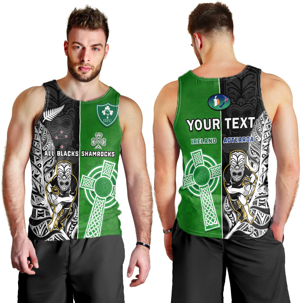 (Custom Personalised) New Zealand And Ireland Rugby Men Tank Top All Black Maori Mix Shamrocks LT14 Black - Polynesian Pride