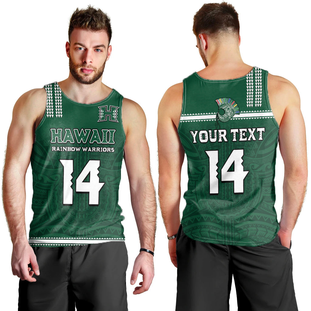 (Custom Text And Number) Hawaii Football Men Tank Top Kakau Rainbow Warriors Helmet Go Bows LT14 Green - Polynesian Pride