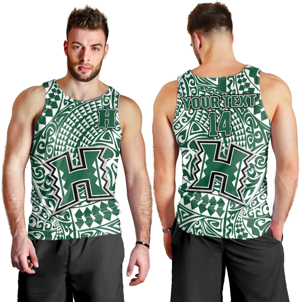 (Custom Text And Number) Hawaii Football Men Tank Top Rainbow Warriors Tribal Kakau LT14 Green - Polynesian Pride