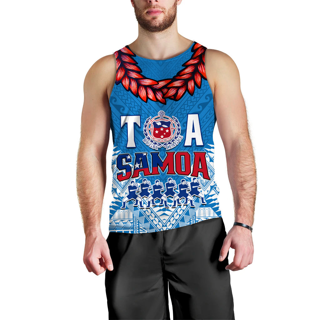 (Custom Personalise Text and Number) Toa Samoa Rugby Men Tank Top Manu Siva Tau Style Ulafala LT13 Blue - Polynesian Pride