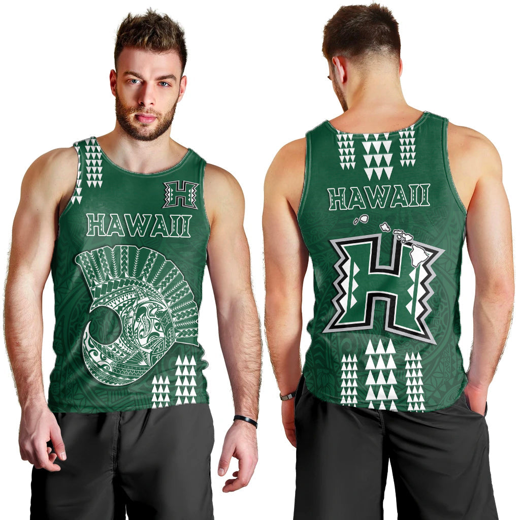 Hawaii Football Men Tank Top Kakau Rainbow Warriors Helmet LT14 Green - Polynesian Pride