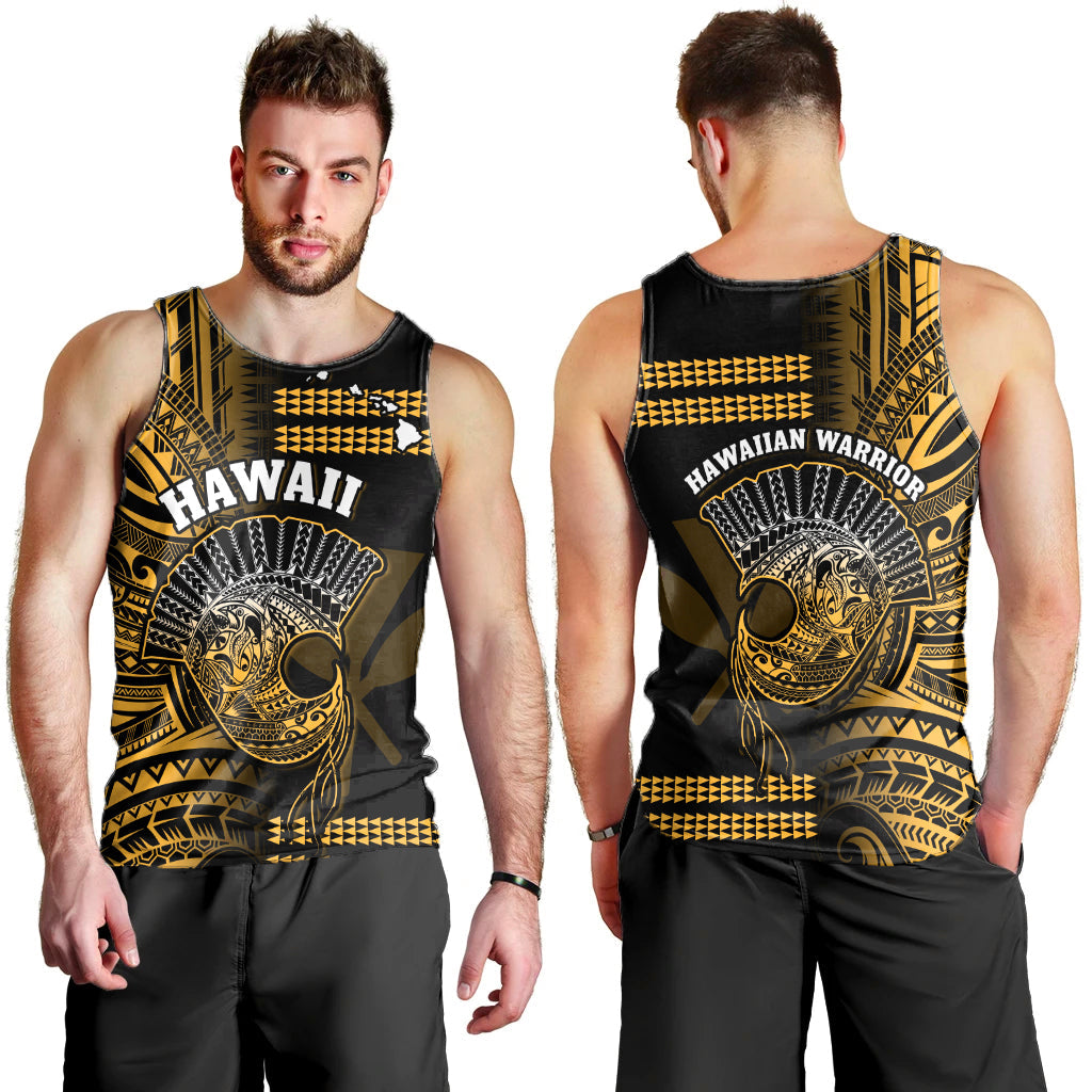 Hawaii Men Tank Top Kakau Warrior Helmet Gradient Gold Polynesian LT14 Gold - Polynesian Pride