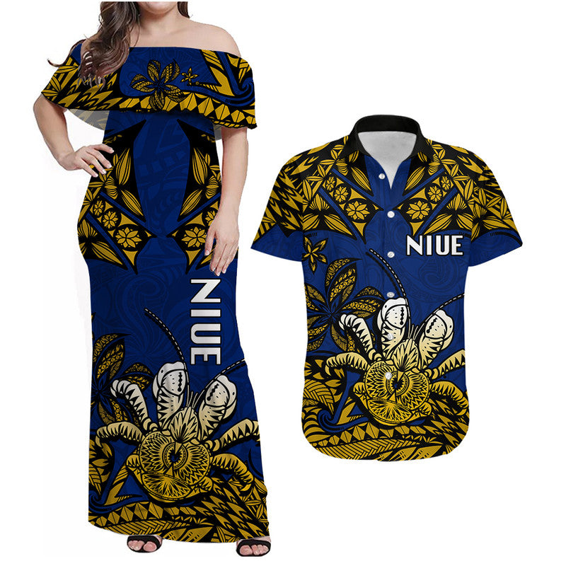 Niue Uga Matching Dress and Hawaiian Shirt Tribal Patterns Blue Style LT6 Blue - Polynesian Pride