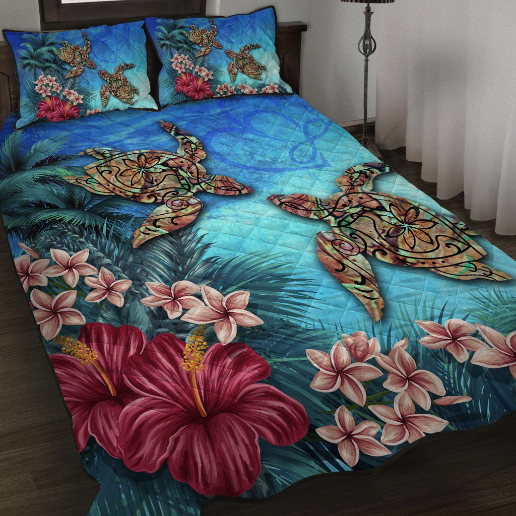 Hawaii Turtle Hibiscus Sea Quilt Bed Set - Ocean Of Love - AH Black - Polynesian Pride