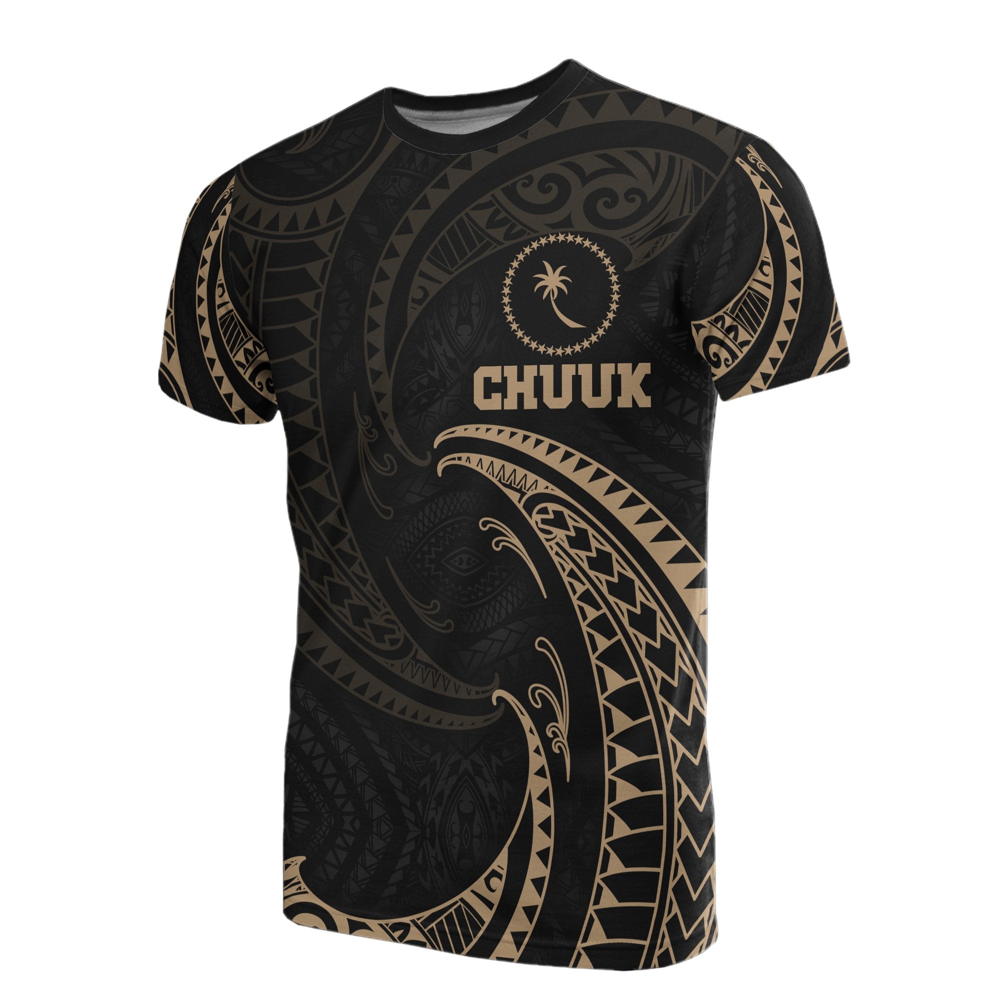 Chuuk Micronesia All Over T Shirt Gold Tribal Wave Unisex Black - Polynesian Pride