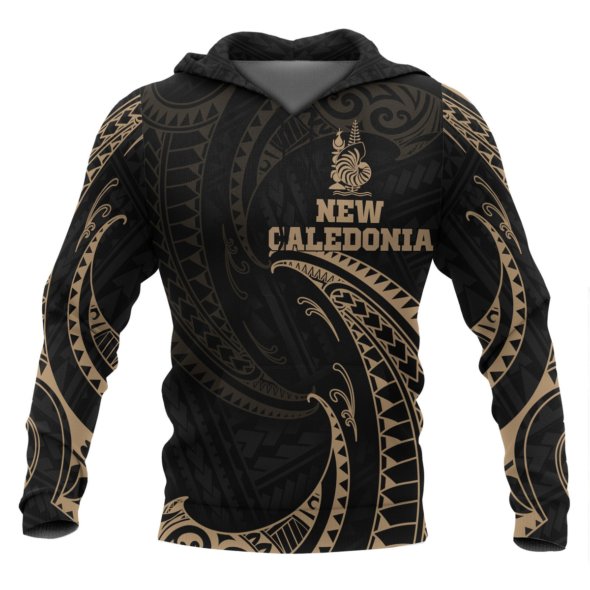 New Caledonia Polynesian Hoodie Gold Tribal Wave Unisex Black - Polynesian Pride