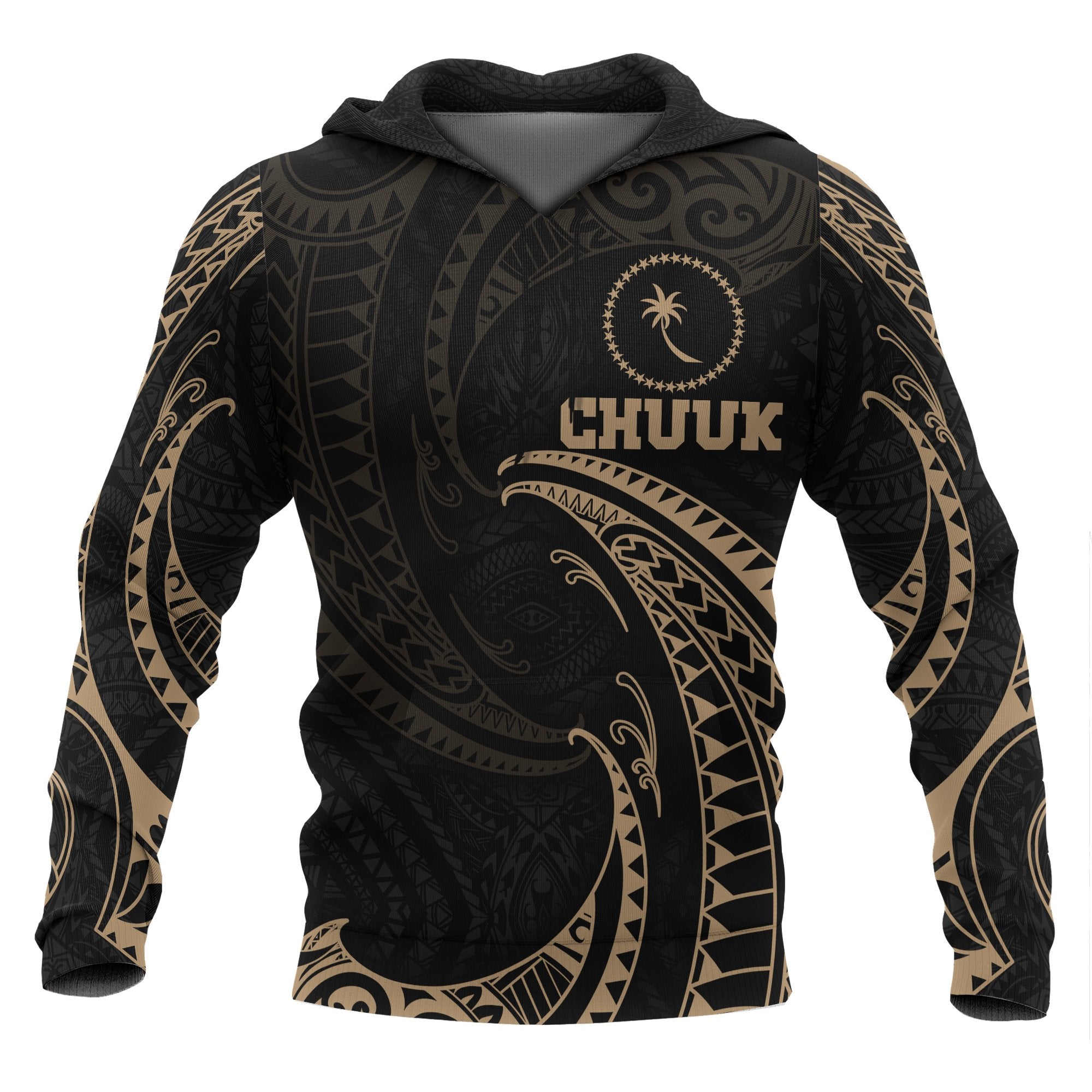 Chuuk Micronesia ll Over Hoodie Gold Tribal Wave Unisex Black - Polynesian Pride