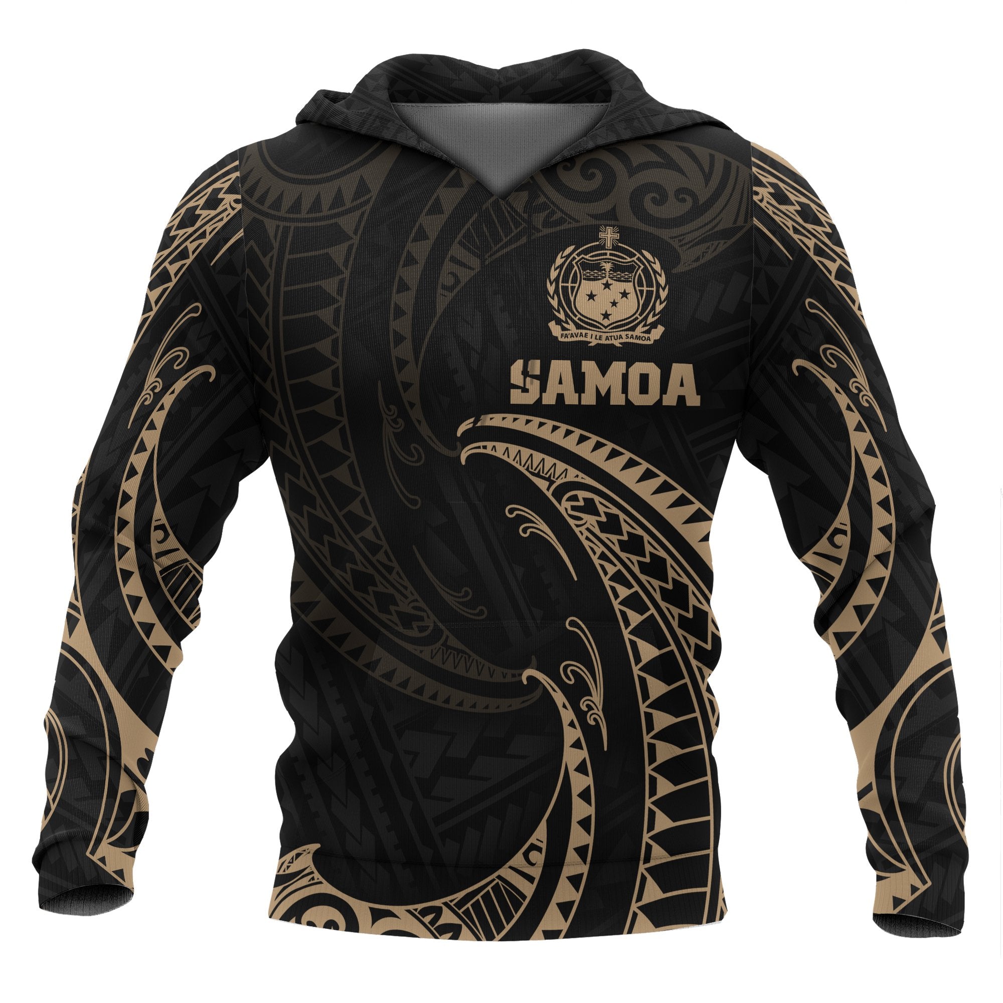 Samoa Polynesian Hoodie Gold Tribal Wave Unisex Black - Polynesian Pride