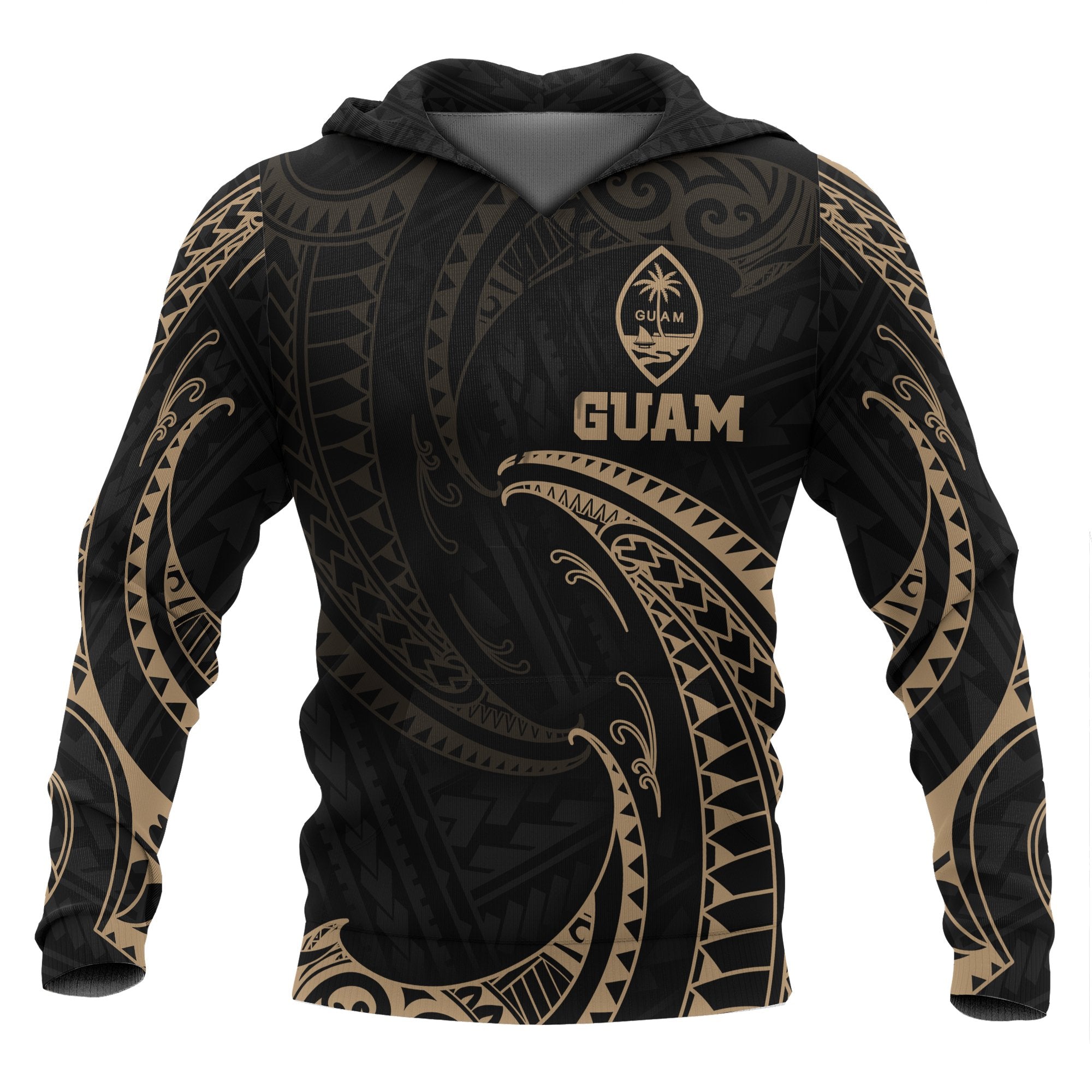 Guam Polynesian Hoodie Gold Tribal Wave Unisex Black - Polynesian Pride