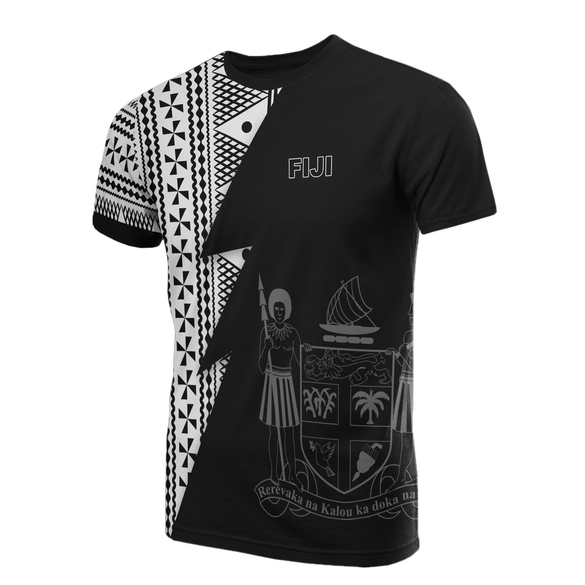 Fiji All Over T Shirt Fiji Coat of Arms Melanesian Pattern Flash Unisex Black - Polynesian Pride