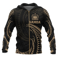 Samoa Polynesian All Over Zip up Hoodie Gold Tribal Wave Unisex Black - Polynesian Pride
