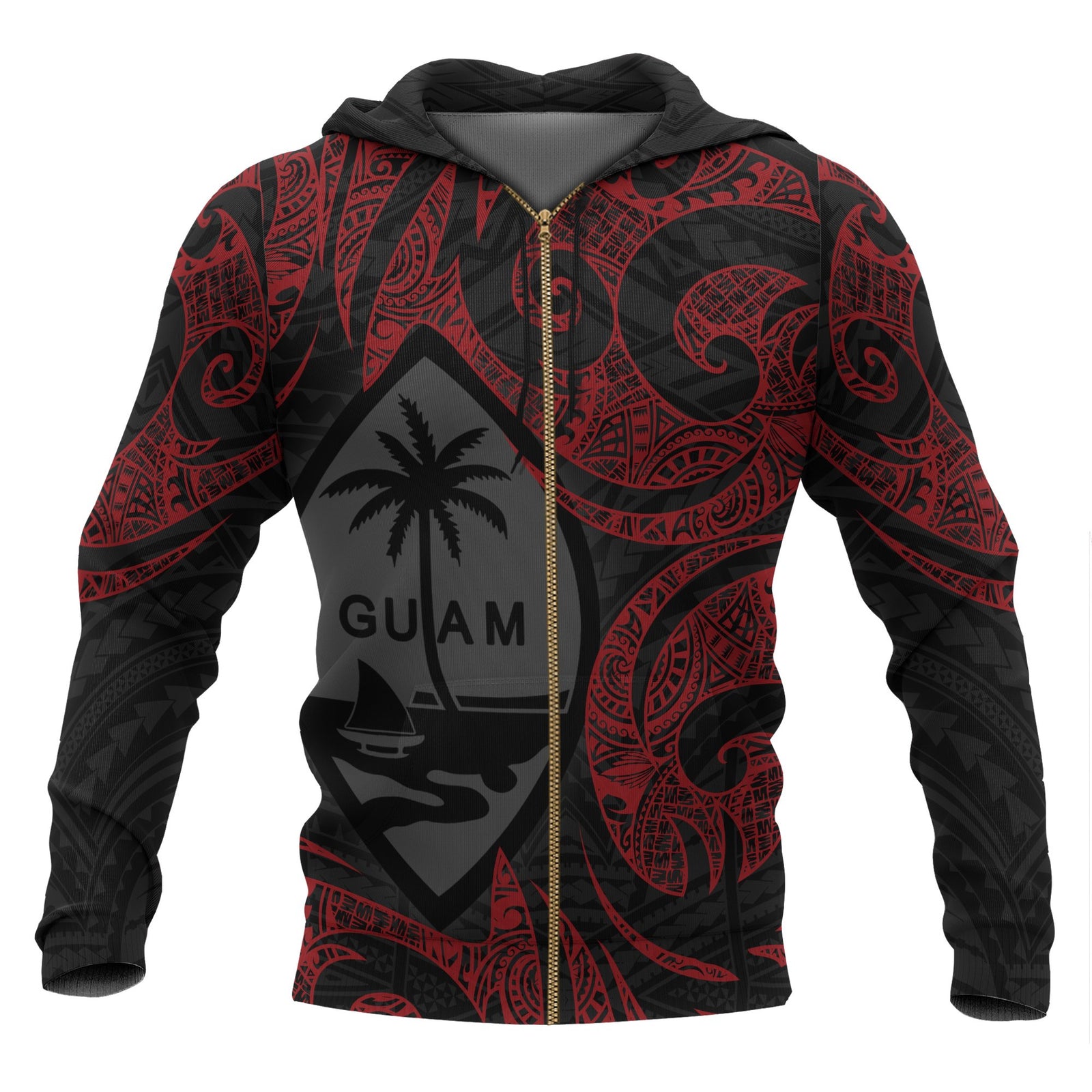 Guam Polynesian All Over Zip up Hoodie Red Tribal Unisex Black - Red - Polynesian Pride