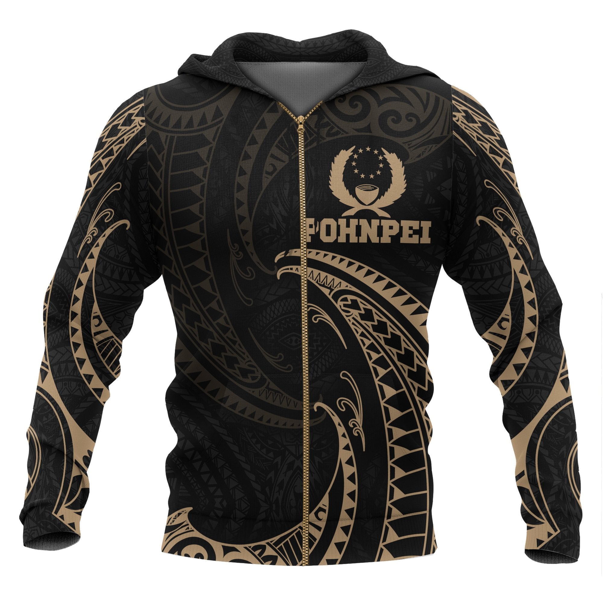 Pohnpei Micronesia All Over Zip up Hoodie Gold Tribal Wave Unisex Black - Polynesian Pride