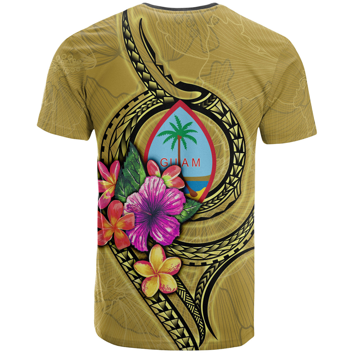 Guam Polynesian T Shirt Floral With Seal Gold - Polynesian Pride