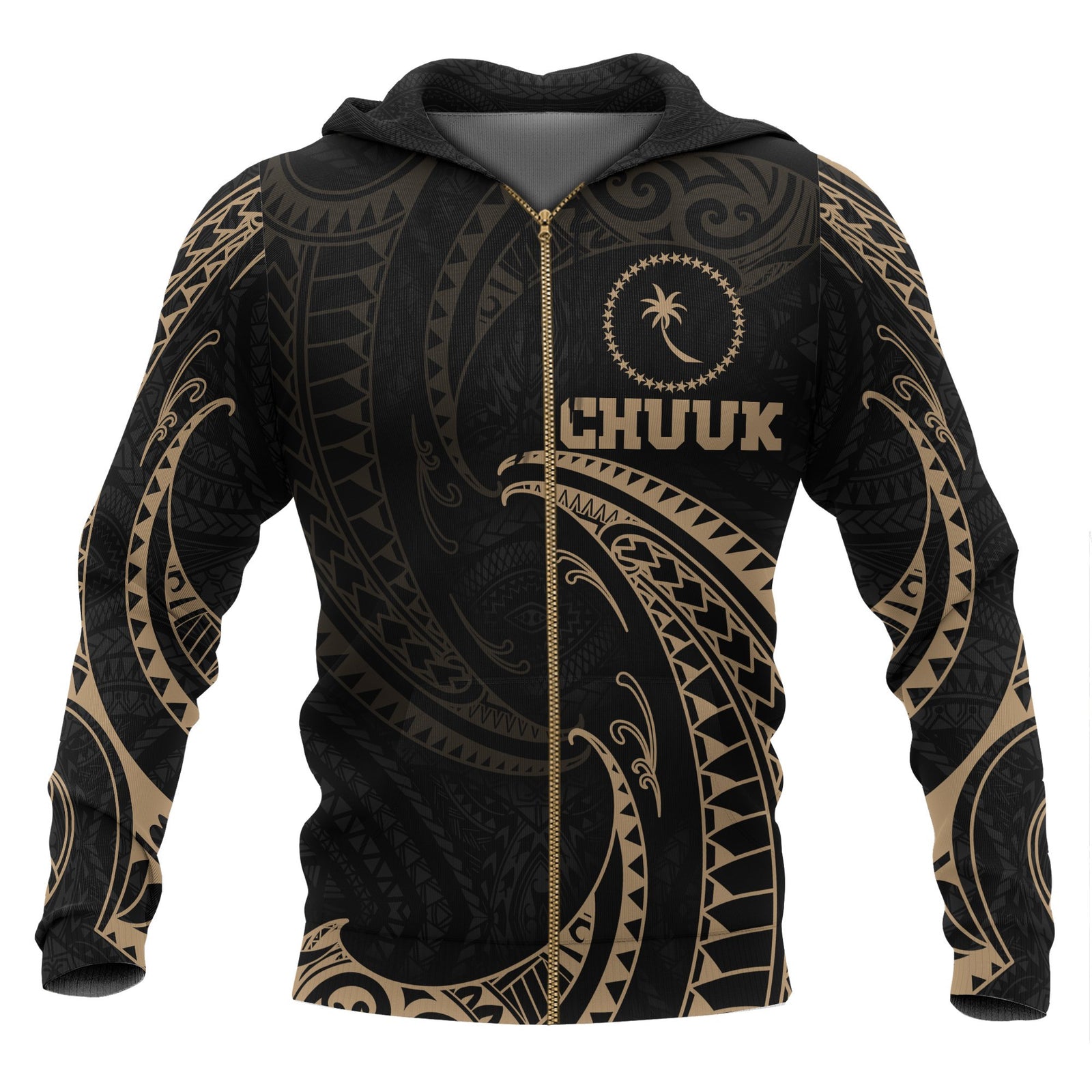 Chuuk Micronesia All Over Zip up Hoodie Gold Tribal Wave Unisex Black - Polynesian Pride