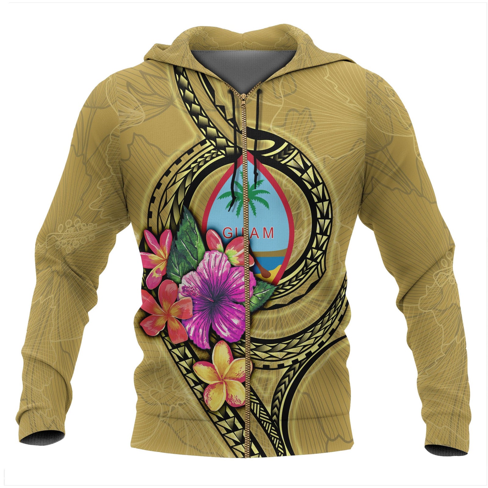 Guam Polynesian All Over Zip up Hoodie Floral With Seal Gold Unisex Yellow - Polynesian Pride