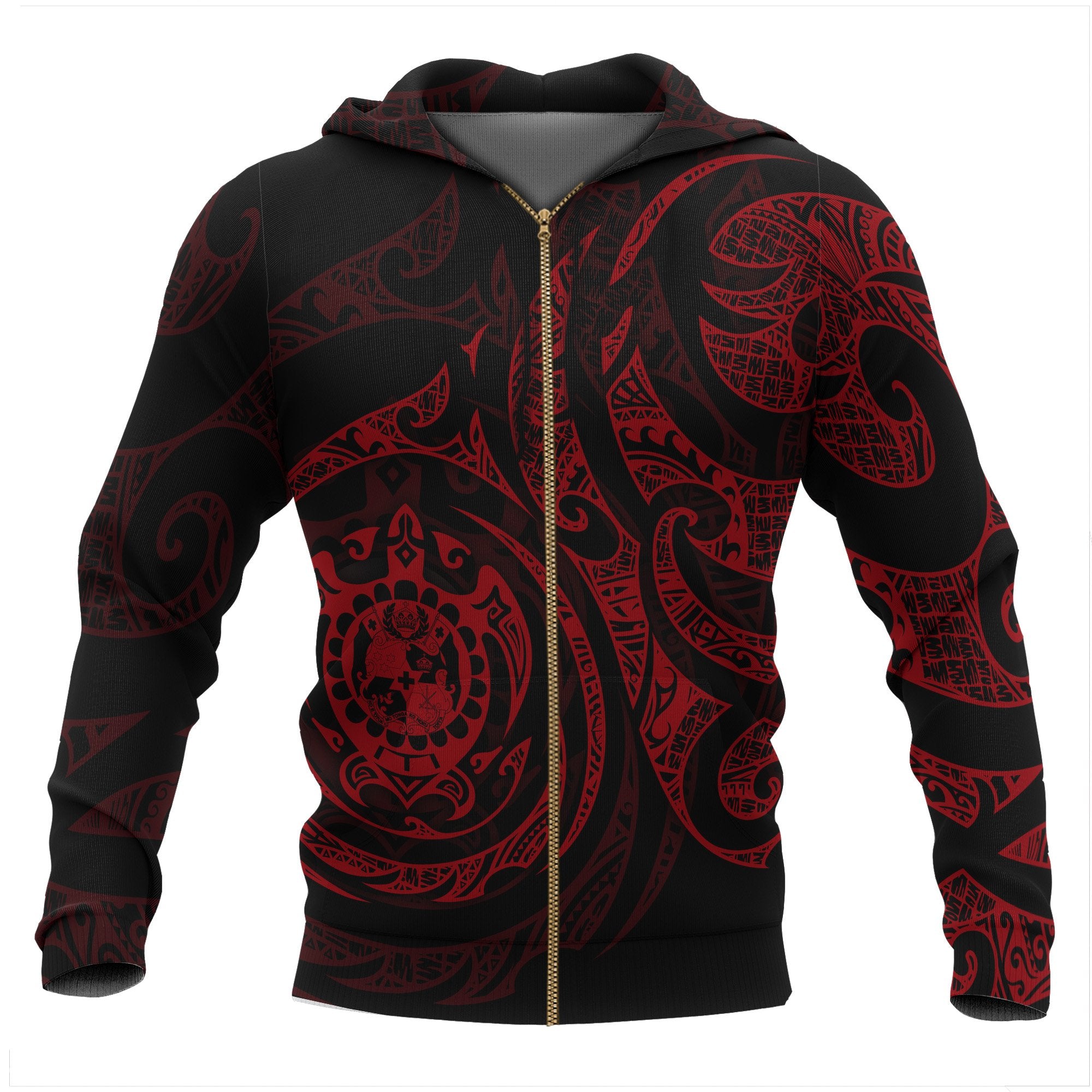 Tonga Polynesian All Over Zip up Hoodie Red Turtle Tribal Unisex Black - Red - Polynesian Pride