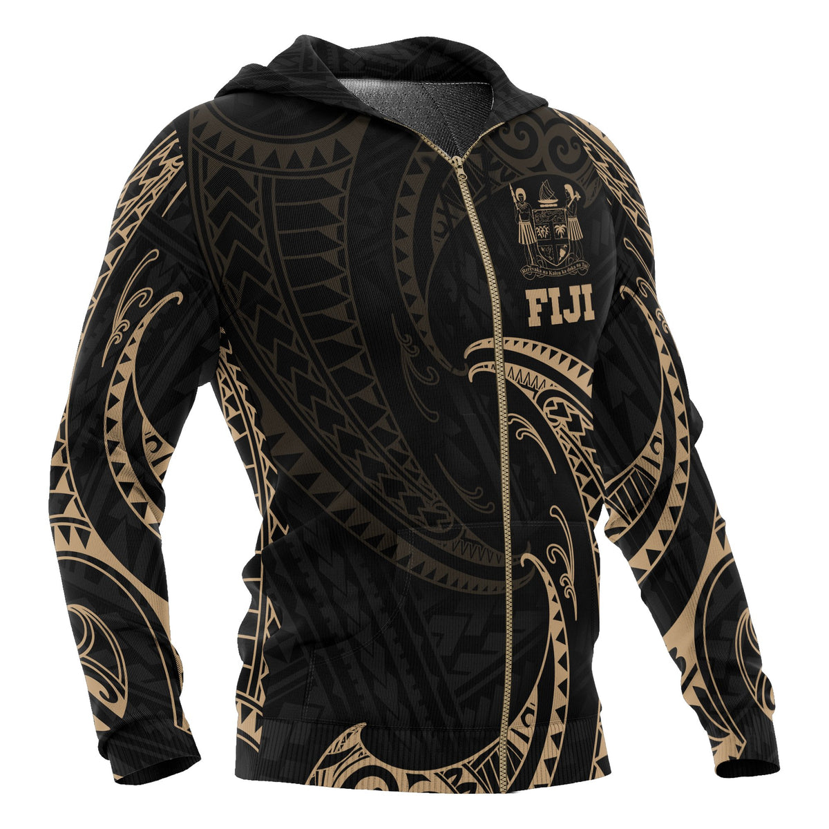 Fiji Polynesian All Over Zip up Hoodie Gold Tribal Wave - Polynesian Pride