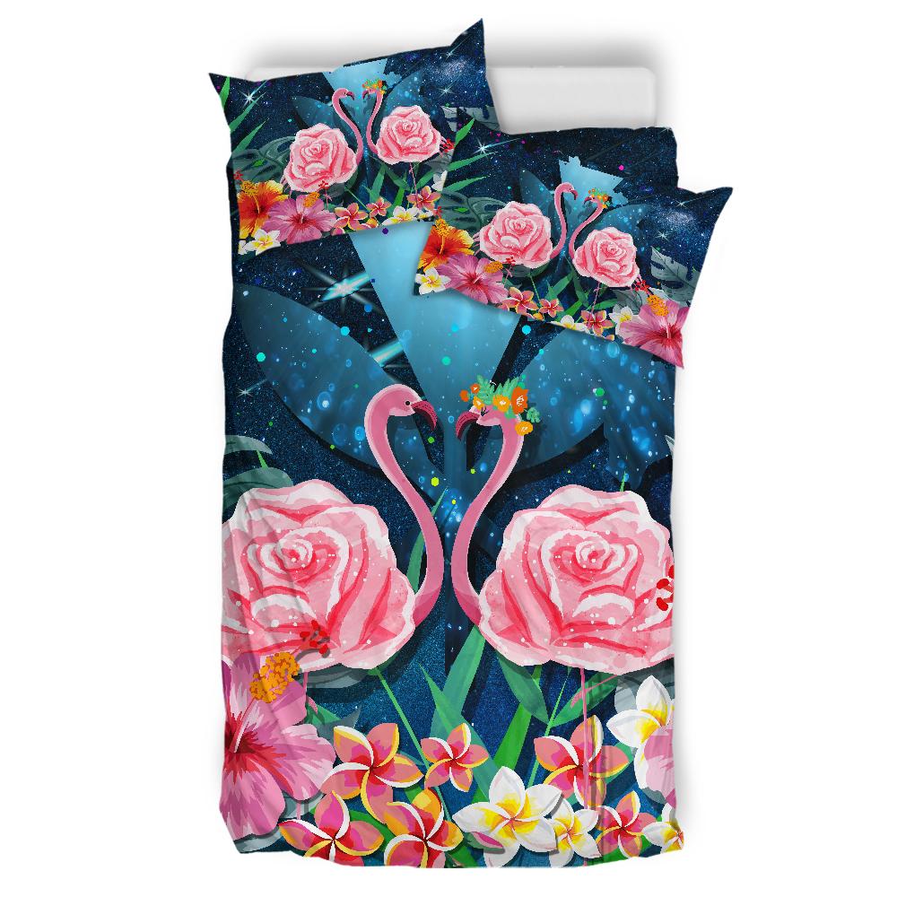 Kanaka Flamingo Couple Rose Hibiscus Plumeria Bedding Set - Love Universe - AH - Polynesian Pride