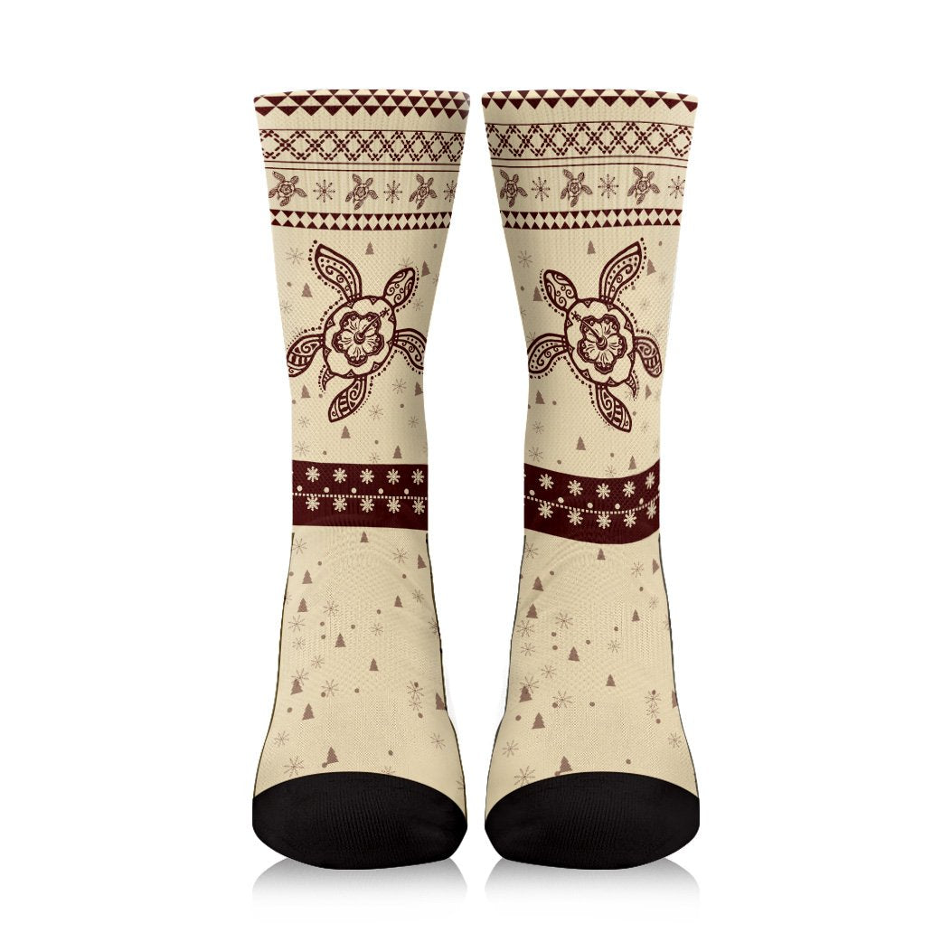 Hawaii Christmas Turtle Pattern Crew Socks - Keep Style - AH Crew Socks Beige - Polynesian Pride