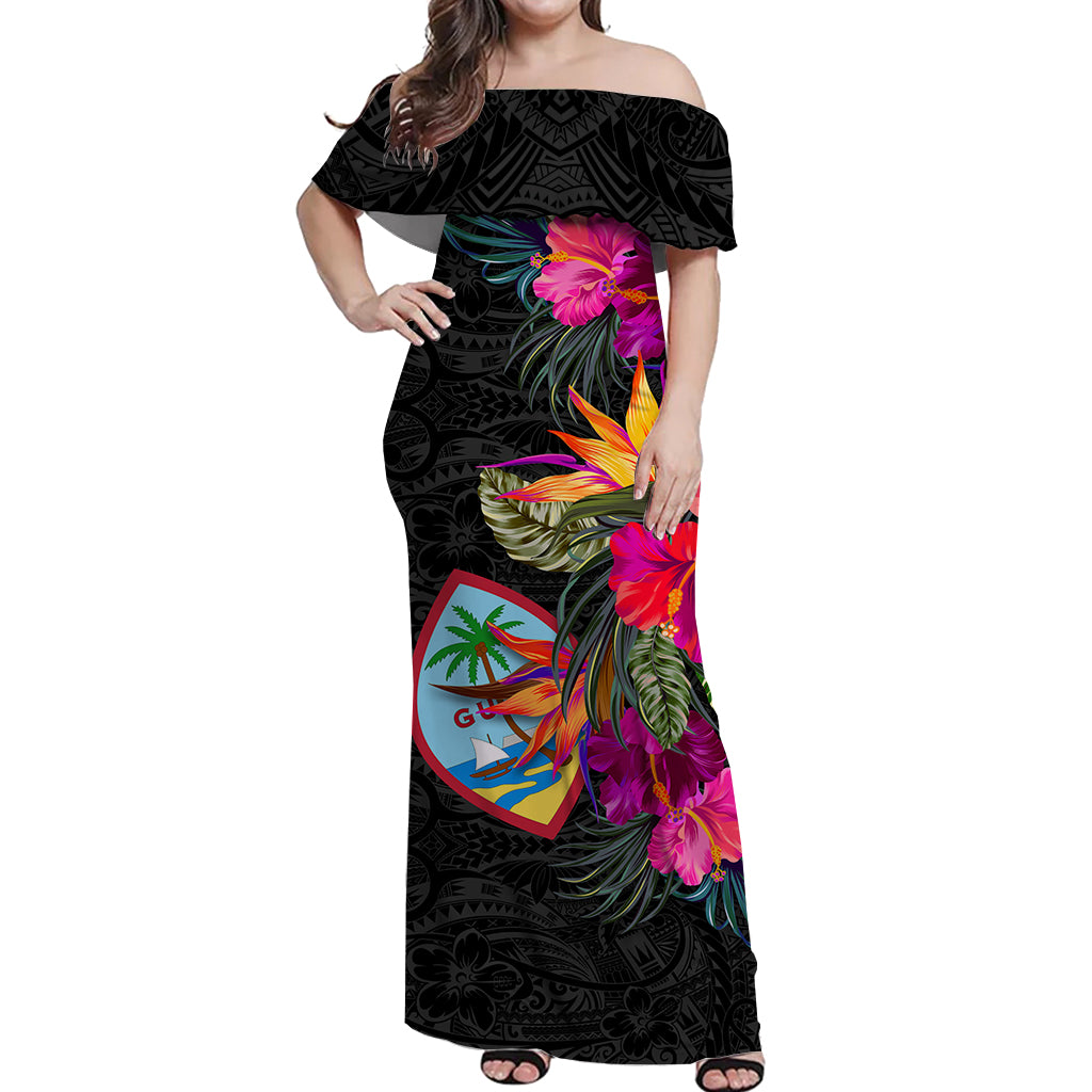 Guam Hibiscus Polynesian Tribal Women Off Shoulder Long Dress - LT12 Long Dress Black - Polynesian Pride