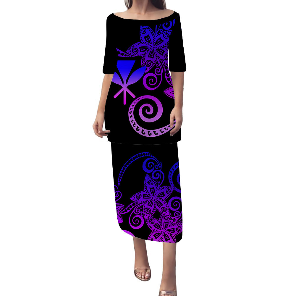 Hawaii Plumeria Polynesian Tribal Puletasi Dress - LT12 Long Dress Black - Polynesian Pride