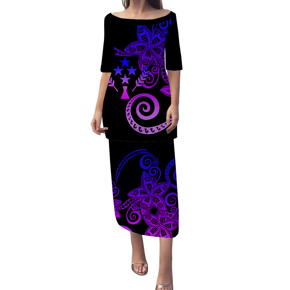 Kosrae Plumeria Polynesian Tribal Puletasi Dress - LT12 Long Dress Black - Polynesian Pride