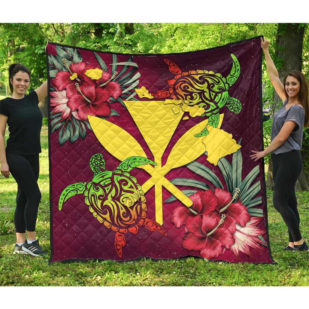 Kanaka Map Turtle Hibiscus Premium Quilt - Red Velvet - AH Red - Polynesian Pride