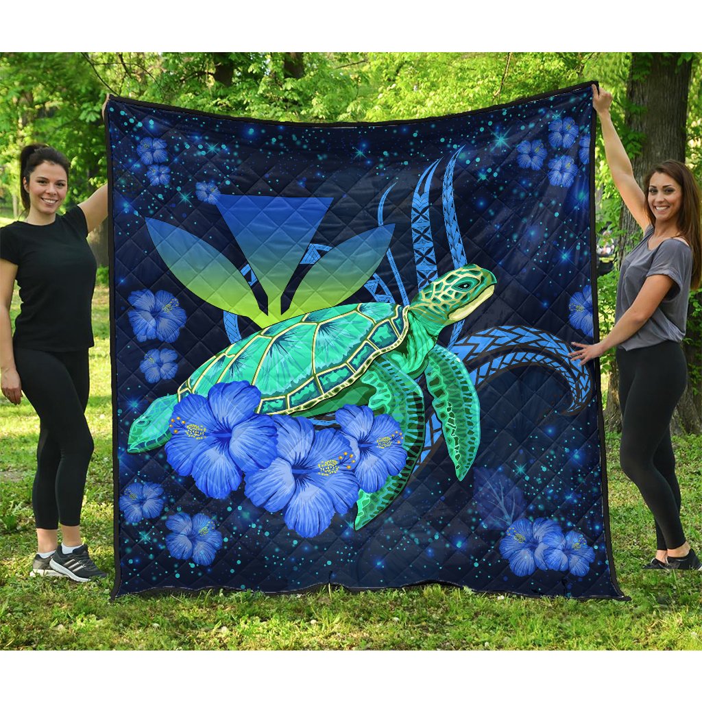 Hawaii Turtle Hibiscus Polynesian Premium Quilt - Jade Stone - AH Blue - Polynesian Pride