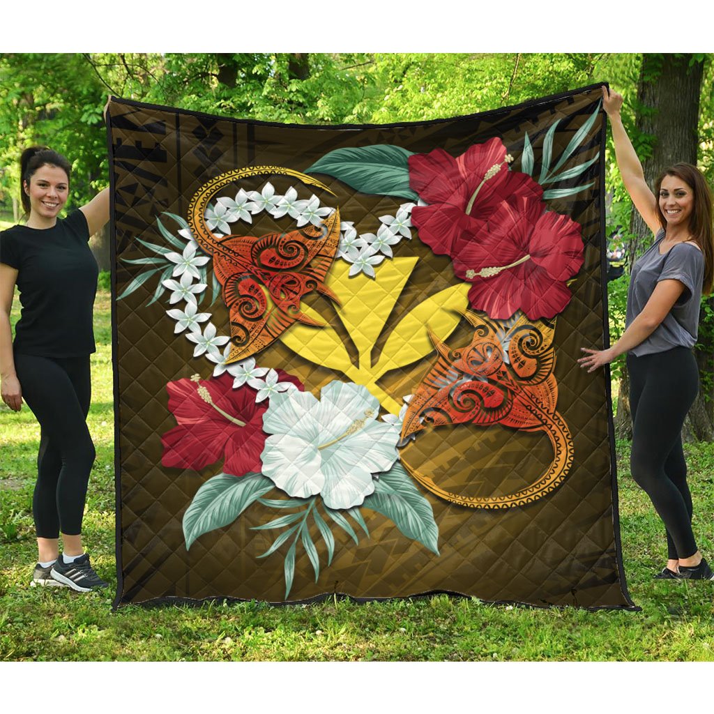 Kanaka Manta Ray Plumeria Heart Polynesian Premium Quilt - Sea Flower - AH Black - Polynesian Pride