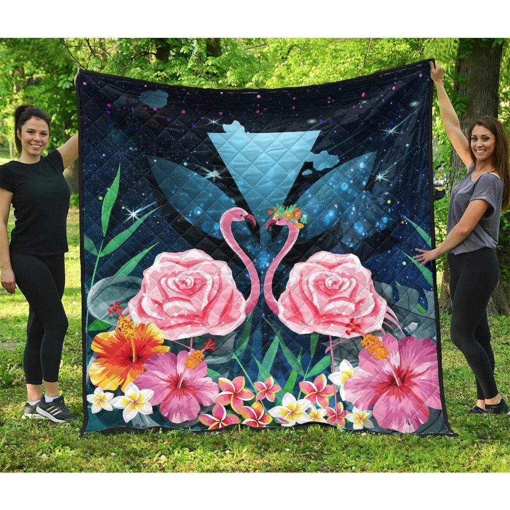 Kanaka Flamingo Couple Rose Hibiscus Plumeria Premium Quilt - Love Universe - AH Galaxy - Polynesian Pride