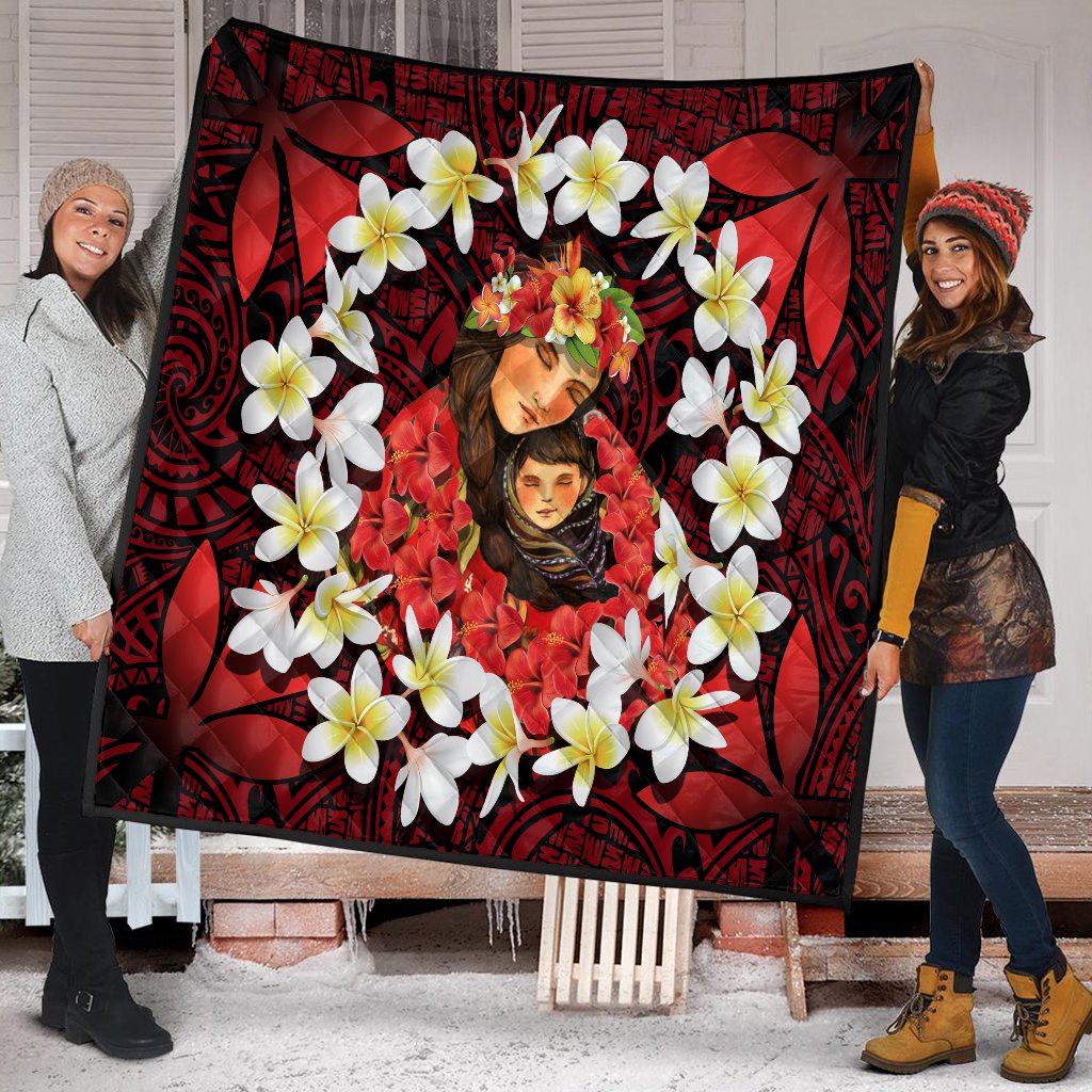 Kanaka Mother And Child Plumeria Leis Polynesian Premium Quilt - Warm Heart - AH Red - Polynesian Pride
