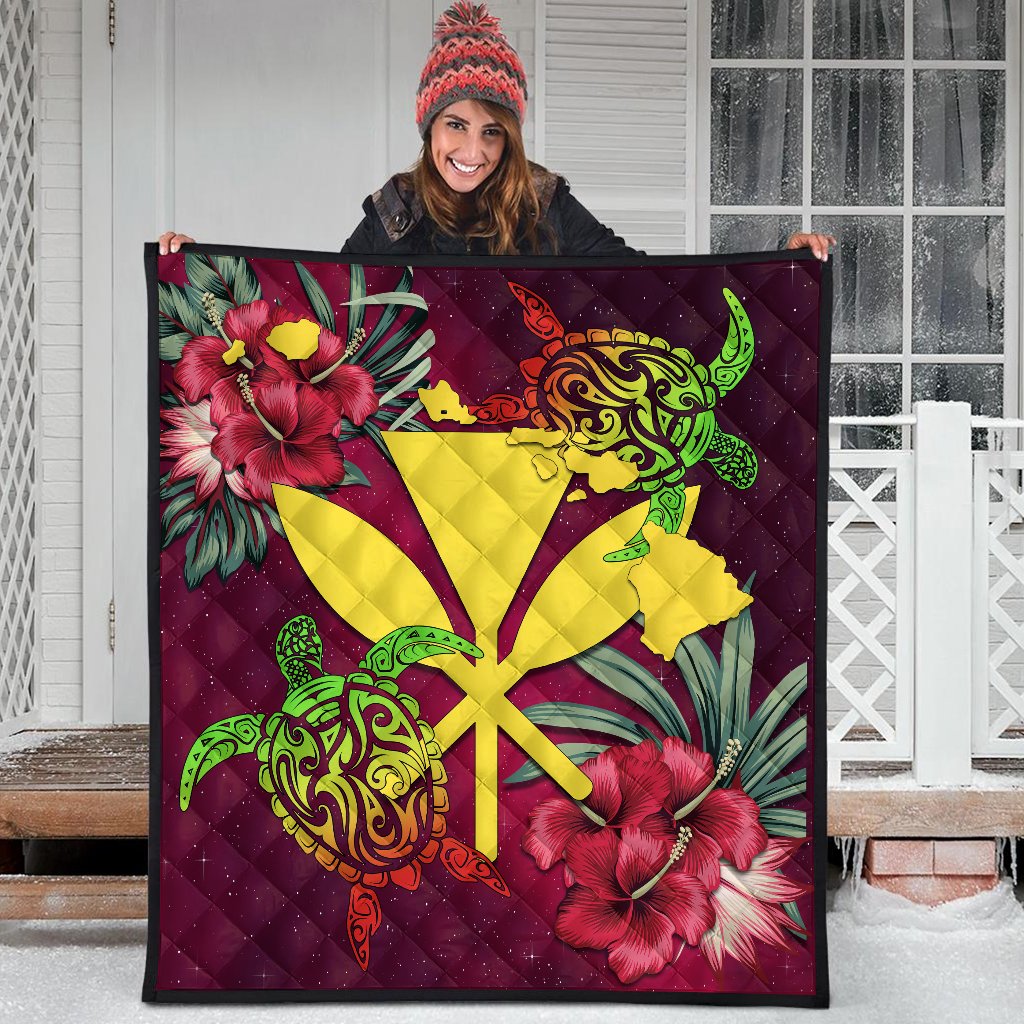 Kanaka Map Turtle Hibiscus Premium Quilt - Red Velvet - AH - Polynesian Pride