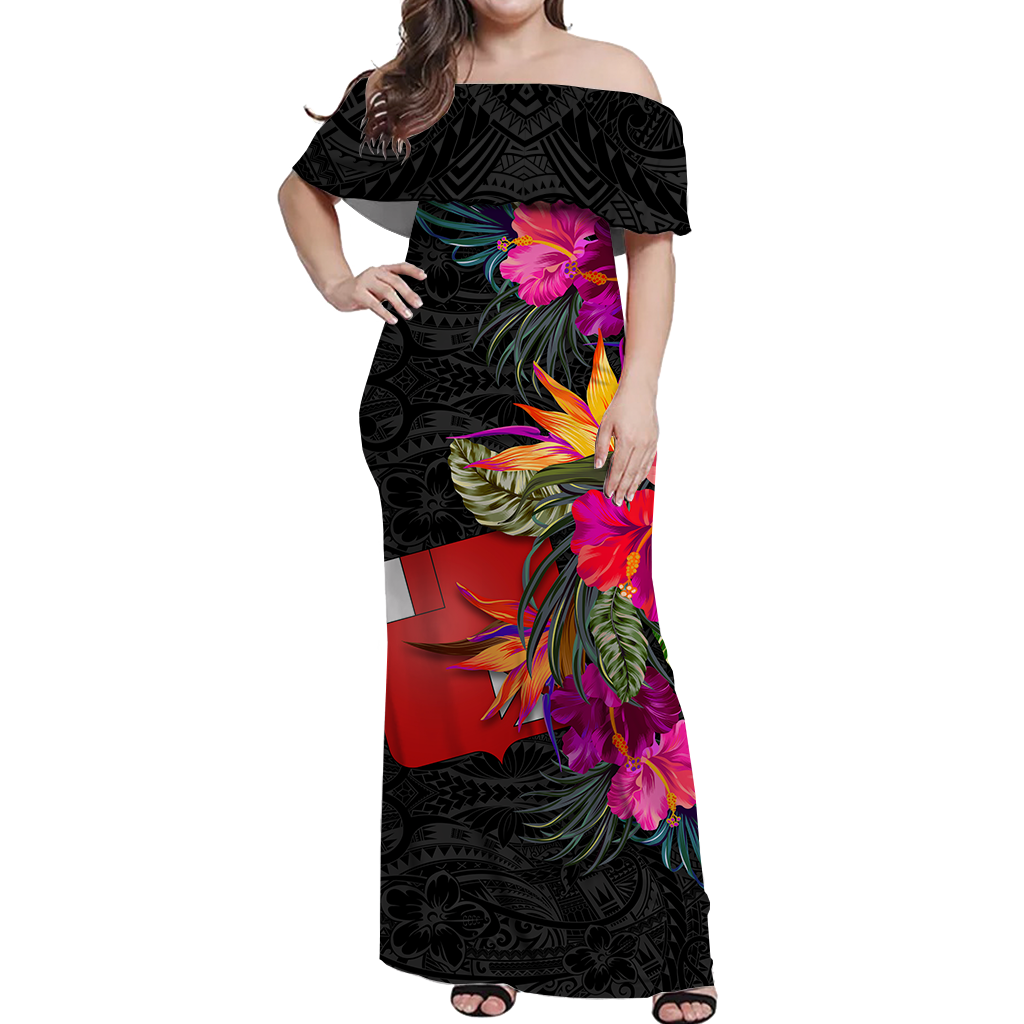 Wallis and Futuna Hibiscus Polynesian Tribal Women Off Shoulder Long Dress - LT12 Long Dress Black - Polynesian Pride