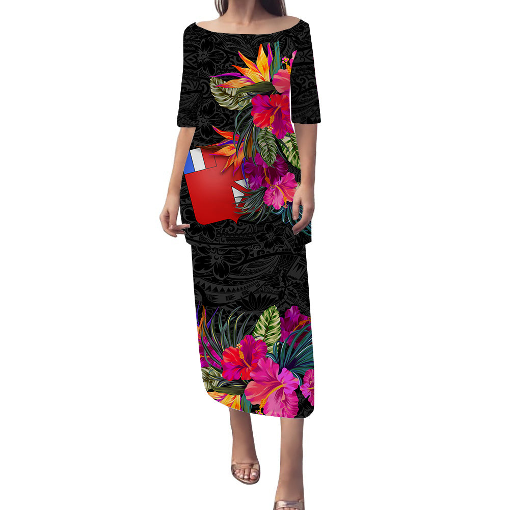 Wallis and Futuna Hibiscus Polynesian Tribal Puletasi Dress - LT12 Long Dress Black - Polynesian Pride