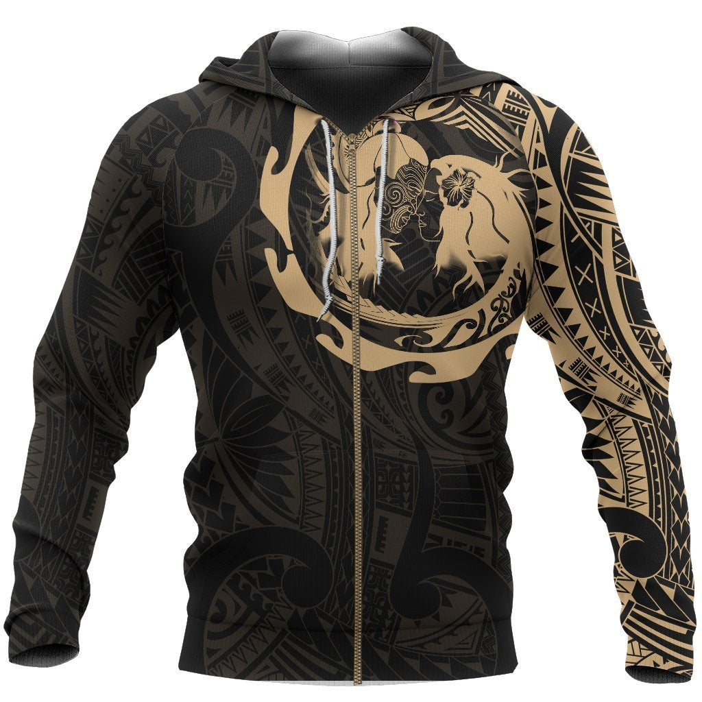 Aotearoa Zip up Hoodie Maori Hongi Tattoo Pullover Zipper Hoodie Gold Unisex Black - Polynesian Pride